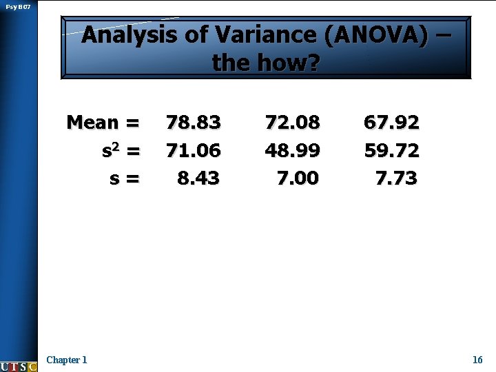 Psy B 07 Analysis of Variance (ANOVA) – the how? Mean = s 2