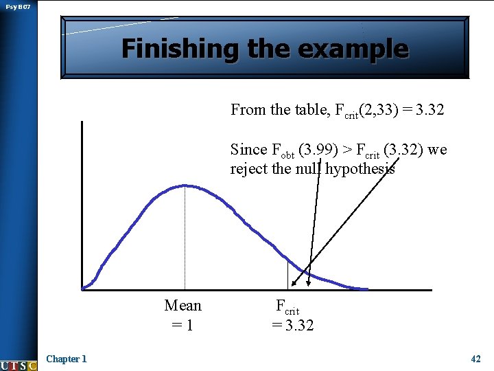 Psy B 07 Finishing the example From the table, Fcrit(2, 33) = 3. 32
