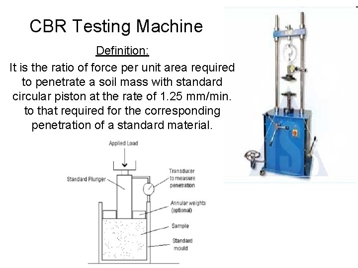 CBR Testing Machine Definition: It is the ratio of force per unit area required