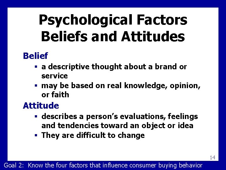 Psychological Factors Beliefs and Attitudes Belief § a descriptive thought about a brand or
