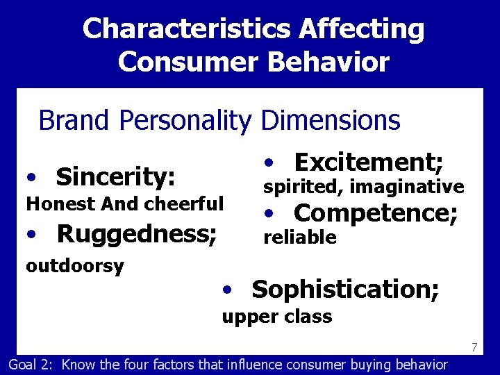 Characteristics Affecting Consumer Behavior Brand Personality Dimensions • Sincerity: • Excitement; Honest And cheerful