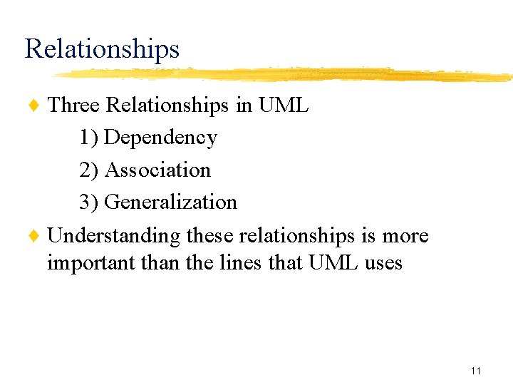 Relationships ♦ Three Relationships in UML 1) Dependency 2) Association 3) Generalization ♦ Understanding