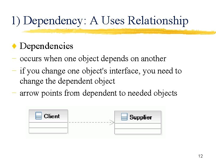 1) Dependency: A Uses Relationship ♦ Dependencies − occurs when one object depends on