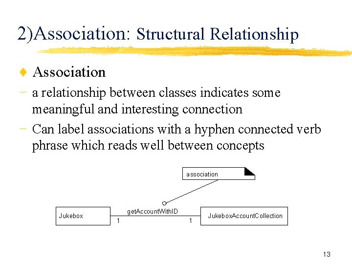 2)Association: Structural Relationship ♦ Association − a relationship between classes indicates some meaningful and