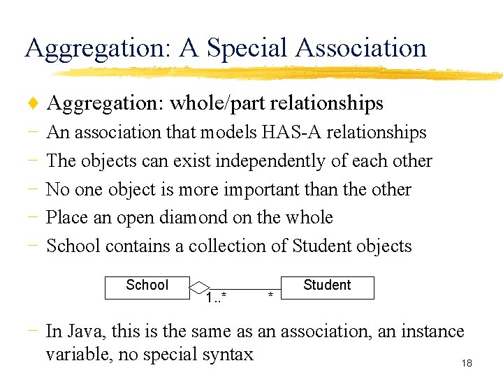Aggregation: A Special Association ♦ Aggregation: whole/part relationships − − − An association that