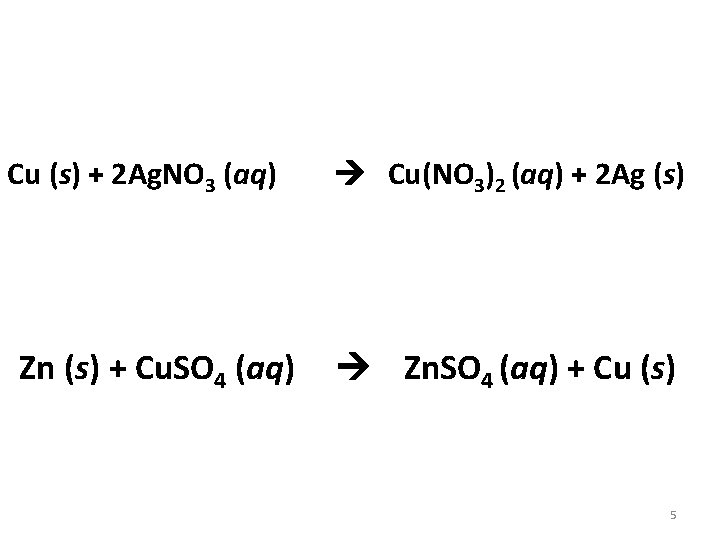 Cu (s) + 2 Ag. NO 3 (aq) Zn (s) + Cu. SO 4