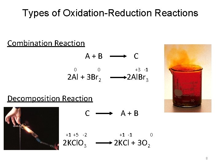 Types of Oxidation-Reduction Reactions Combination Reaction A+B 0 0 2 Al + 3 Br