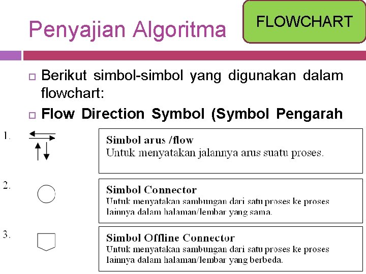 Penyajian Algoritma FLOWCHART Berikut simbol-simbol yang digunakan dalam flowchart: Flow Direction Symbol (Symbol Pengarah
