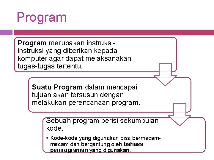 Program merupakan instruksi yang diberikan kepada komputer agar dapat melaksanakan tugas-tugas tertentu. Suatu Program