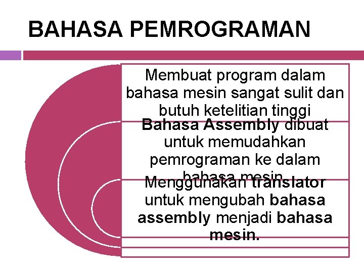 BAHASA PEMROGRAMAN Membuat program dalam bahasa mesin sangat sulit dan butuh ketelitian tinggi Bahasa