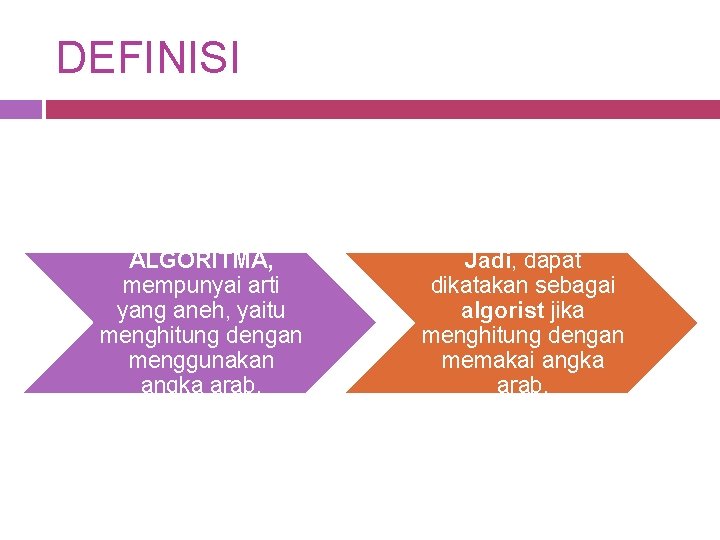 DEFINISI ALGORITMA, mempunyai arti yang aneh, yaitu menghitung dengan menggunakan angka arab. Jadi, dapat