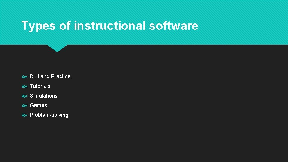Types of instructional software Drill and Practice Tutorials Simulations Games Problem-solving Types of instructional software Drill and Practice Tutorials Simulations Games Problem-solving