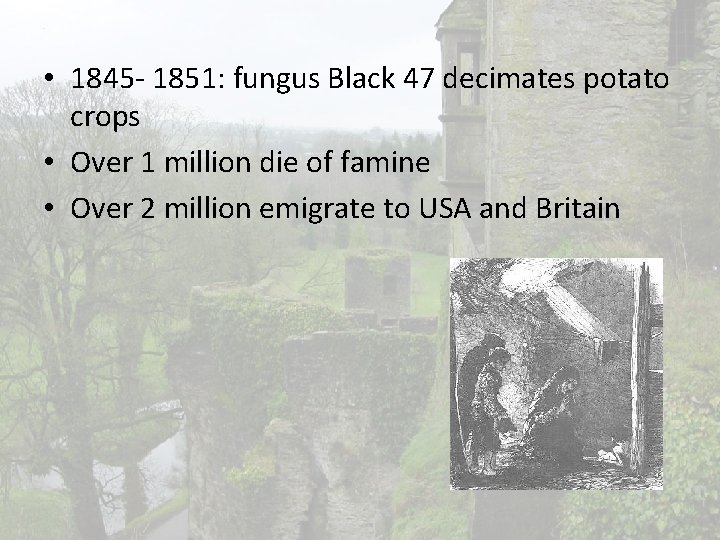  • 1845 - 1851: fungus Black 47 decimates potato crops • Over 1