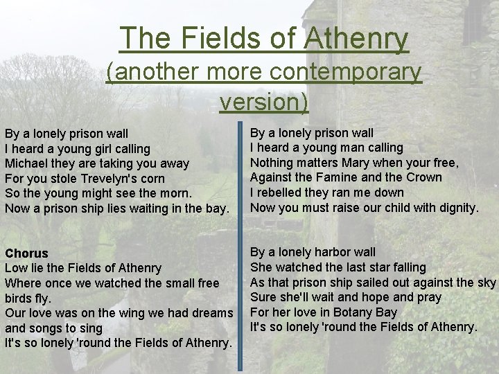 The Fields of Athenry (another more contemporary version) By a lonely prison wall I