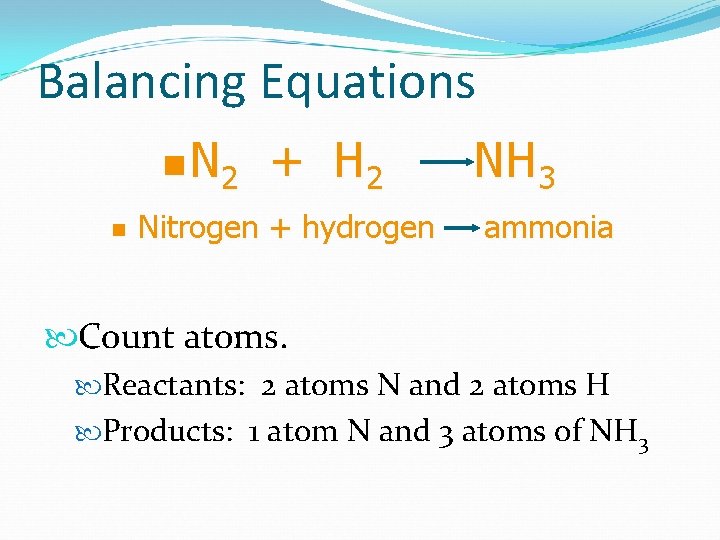 Balancing Equations n N 2 n + H 2 Nitrogen + hydrogen NH 3