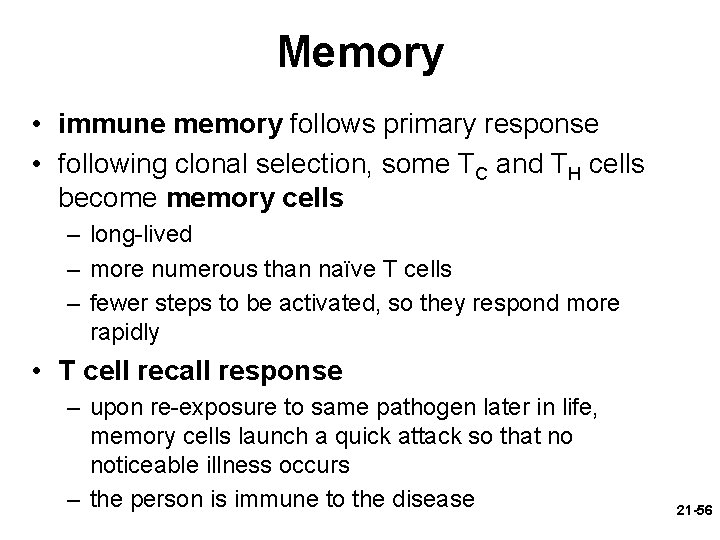 Memory • immune memory follows primary response • following clonal selection, some TC and