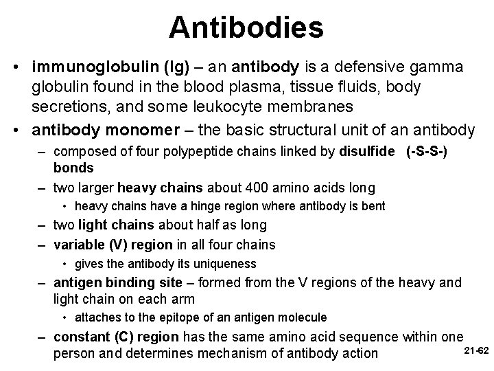 Antibodies • immunoglobulin (Ig) – an antibody is a defensive gamma globulin found in