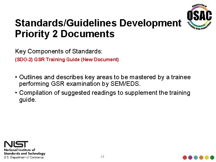 Standards/Guidelines Development Priority 2 Documents Key Components of Standards: (SDO-2) GSR Training Guide (New
