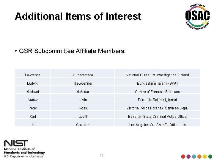 Additional Items of Interest • GSR Subcommittee Affiliate Members: Lawrence Gunaratnam National Bureau of
