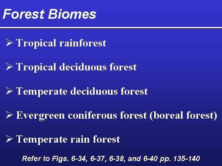 Forest Biomes Ø Tropical rainforest Ø Tropical deciduous forest Ø Temperate deciduous forest Ø