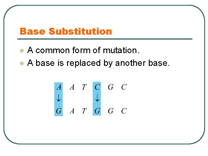 Base Substitution l l A common form of mutation. A base is replaced by