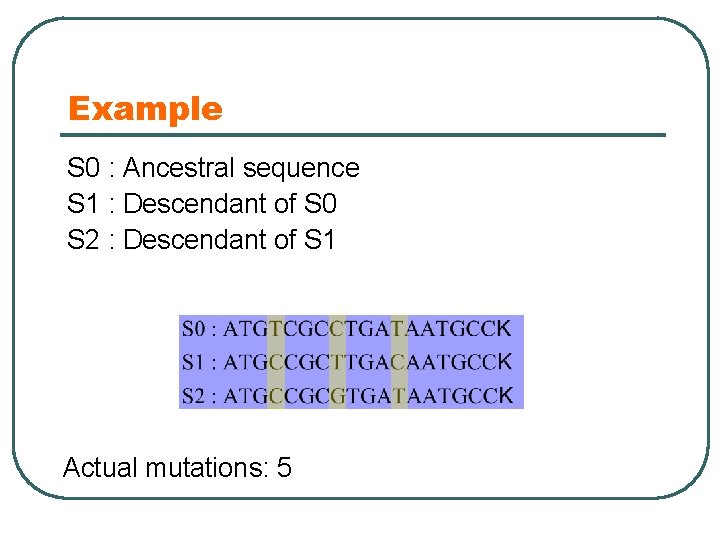 Example S 0 : Ancestral sequence S 1 : Descendant of S 0 S