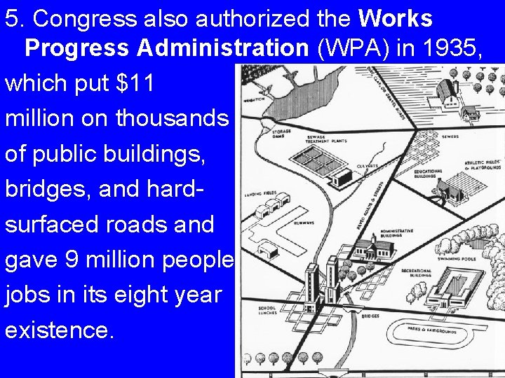 5. Congress also authorized the Works Progress Administration (WPA) in 1935, which put $11