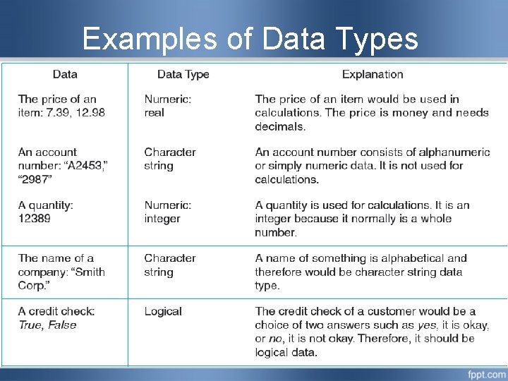 Examples of Data Types  Examples of Data Types