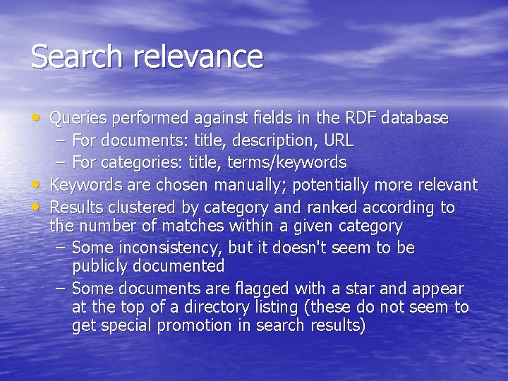 Search relevance • Queries performed against fields in the RDF database – For documents: