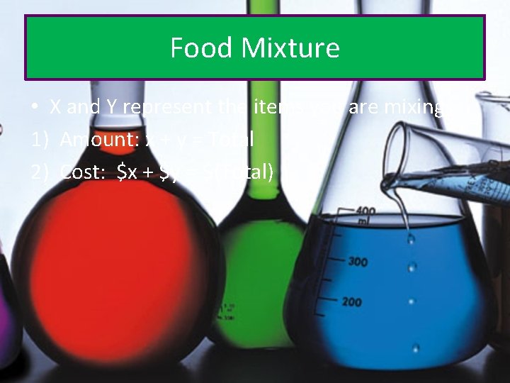 Food Mixture • X and Y represent the items you are mixing. 1) Amount: