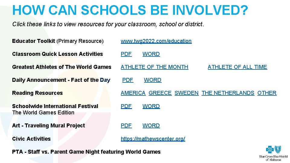 HOW CAN SCHOOLS BE INVOLVED? Click these links to view resources for your classroom,