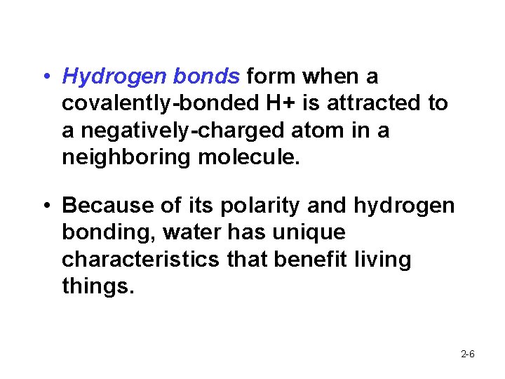  • Hydrogen bonds form when a covalently-bonded H+ is attracted to a negatively-charged