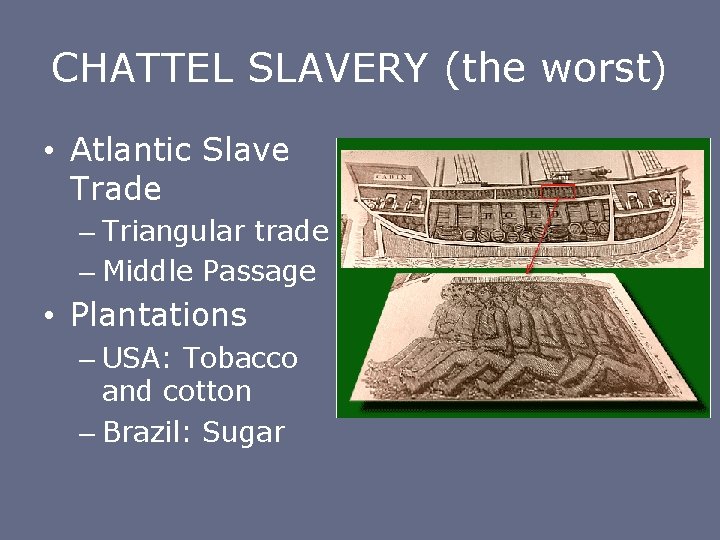 CHATTEL SLAVERY (the worst) • Atlantic Slave Trade – Triangular trade – Middle Passage