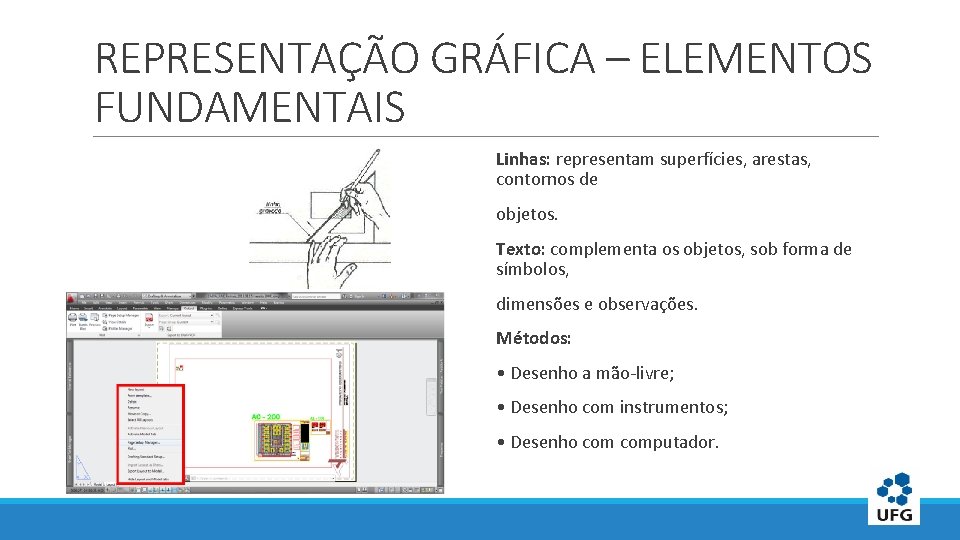 REPRESENTAÇÃO GRÁFICA – ELEMENTOS FUNDAMENTAIS Linhas: representam superfícies, arestas, contornos de objetos. Texto: complementa