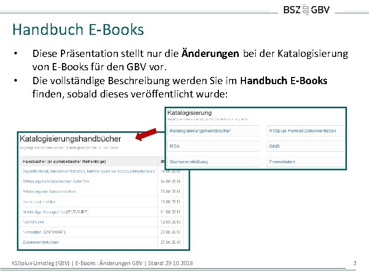 Handbuch E-Books • • Diese Präsentation stellt nur die Änderungen bei der Katalogisierung von