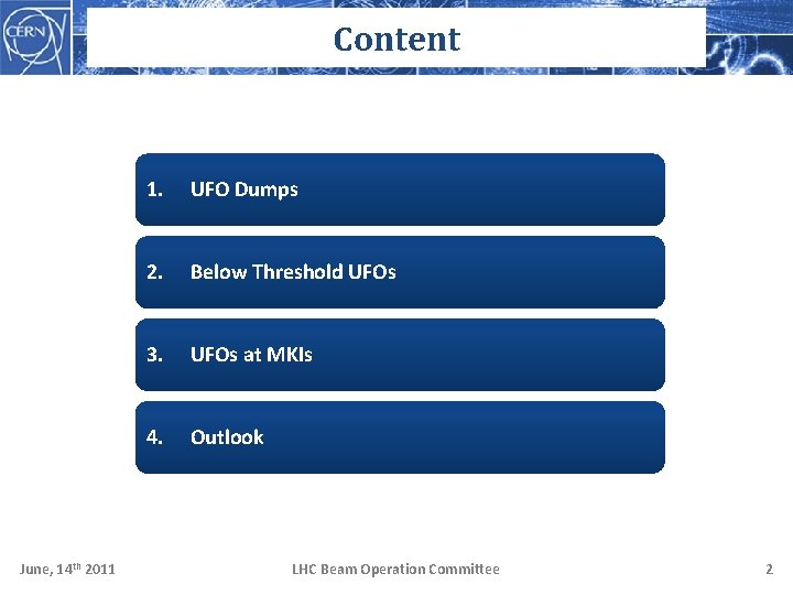Content June, 14 th 2011 1. UFO Dumps 2. Below Threshold UFOs 3. UFOs