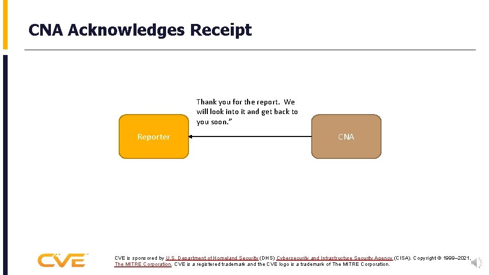 CNA Acknowledges Receipt Thank you for the report. We will look into it and