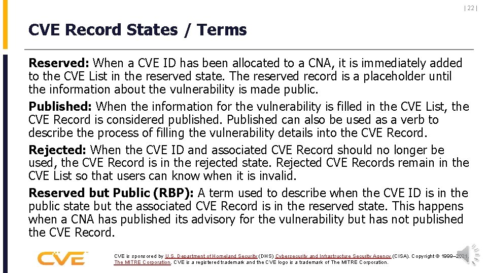 | 22 | CVE Record States / Terms Reserved: When a CVE ID has