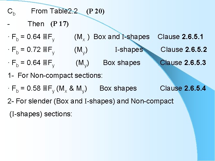 Cb - From Table 2. 2 (P 20) Then (P 17) · Fb =