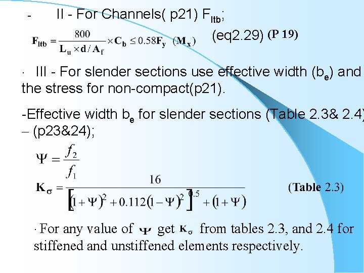 - II - For Channels( p 21) Fltb; (eq 2. 29) (P 19) III