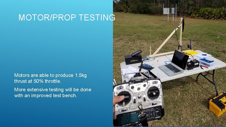 MOTOR/PROP TESTING Motors are able to produce 1. 5 kg thrust at 50% throttle.