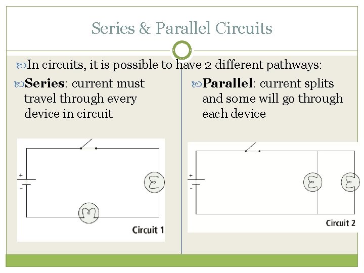 Series & Parallel Circuits In circuits, it is possible to have 2 different pathways: