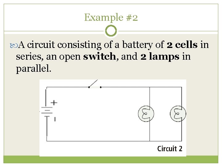 Example #2 A circuit consisting of a battery of 2 cells in series, an
