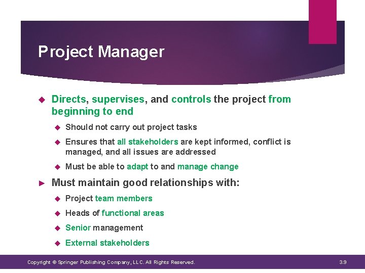 Project Manager ► Directs, supervises, and controls the project from beginning to end Should Project Manager ► Directs, supervises, and controls the project from beginning to end Should