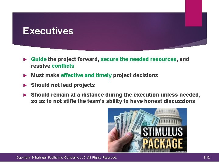 Executives ► Guide the project forward, secure the needed resources, and resolve conflicts ► Executives ► Guide the project forward, secure the needed resources, and resolve conflicts ►