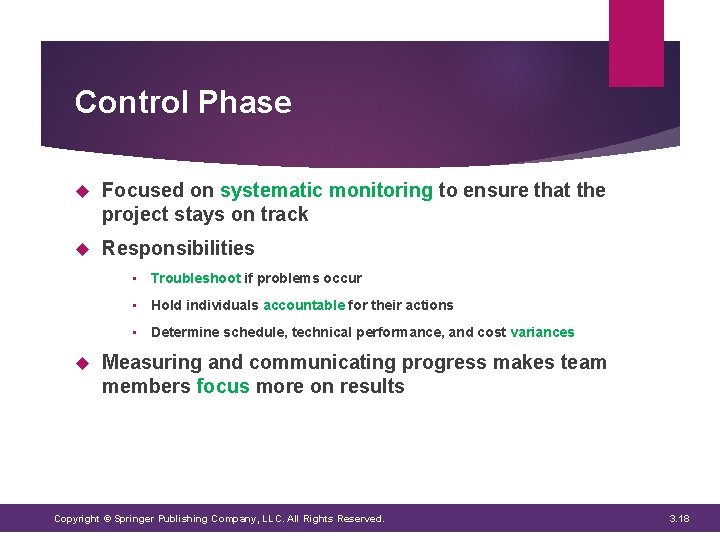 Control Phase Focused on systematic monitoring to ensure that the project stays on track Control Phase Focused on systematic monitoring to ensure that the project stays on track