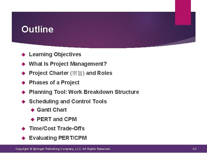 Outline Learning Objectives What Is Project Management? Project Charter (宗旨) and Roles Phases of Outline Learning Objectives What Is Project Management? Project Charter (宗旨) and Roles Phases of