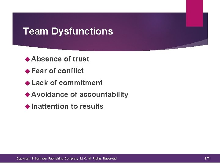 Team Dysfunctions Absence of trust Fear of conflict Lack of commitment Avoidance of accountability Team Dysfunctions Absence of trust Fear of conflict Lack of commitment Avoidance of accountability