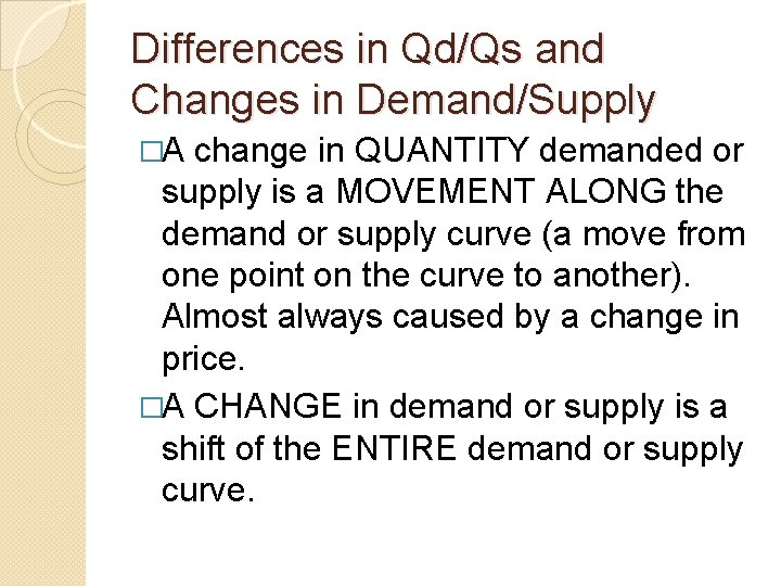 Differences in Qd/Qs and Changes in Demand/Supply �A change in QUANTITY demanded or supply
