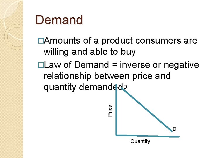 Demand of a product consumers are willing and able to buy �Law of Demand